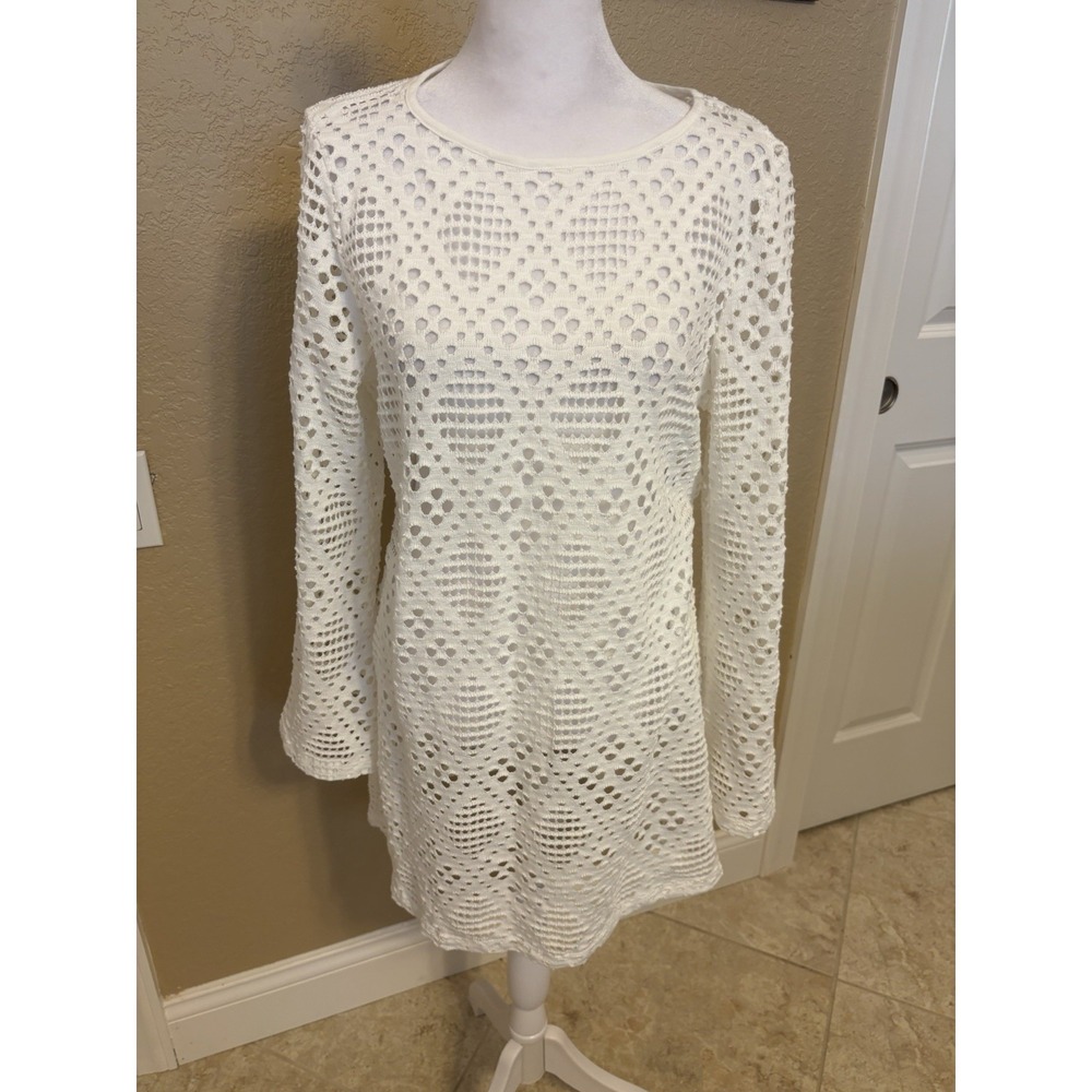 Haute Hippie White Long Sleeve Open Knit Eyelet Mini Dress, Medium, Summer Beach